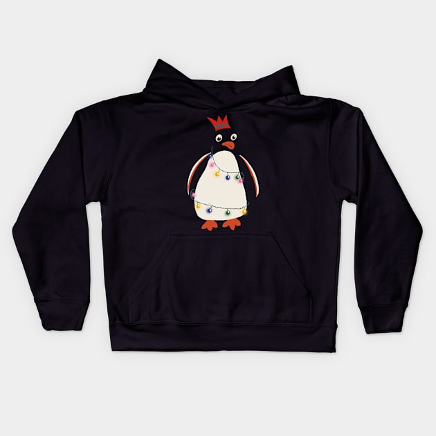 Funny Cartoon Christmas Penguin wrapped in Fairy Lights and Wearing Paper Xmas Hat Kids Hoodie by NattyDesigns